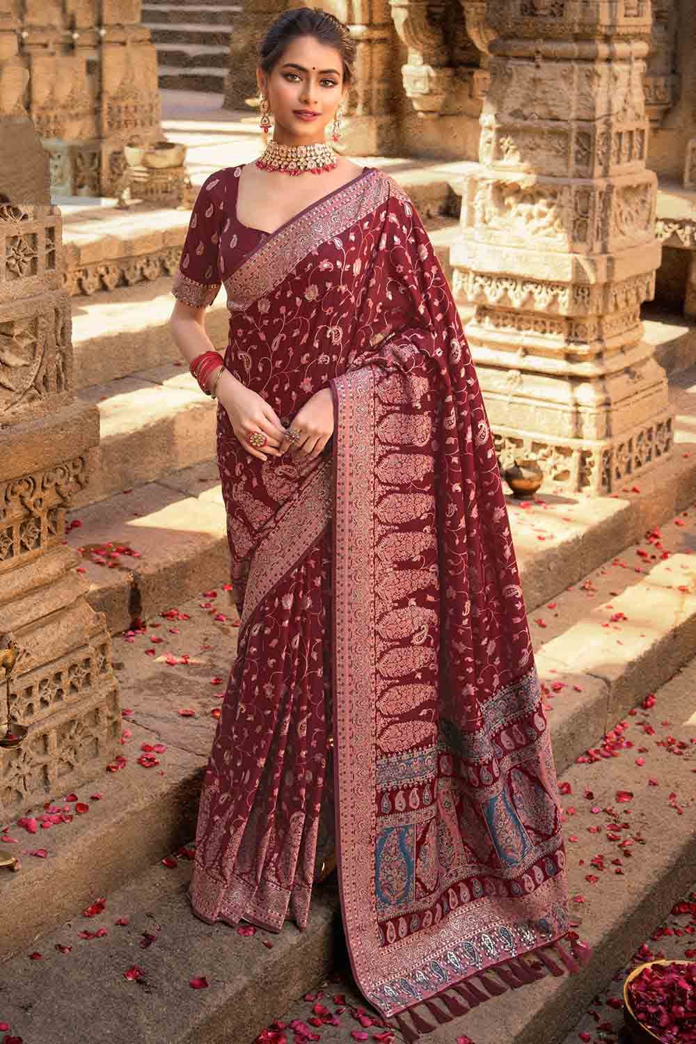 Buy Red Suede And Chinon Embroidery Floral Saree & Zari Bloom Blouse Set  For Women by Shloka Sudhakar Online at Aza Fashions.